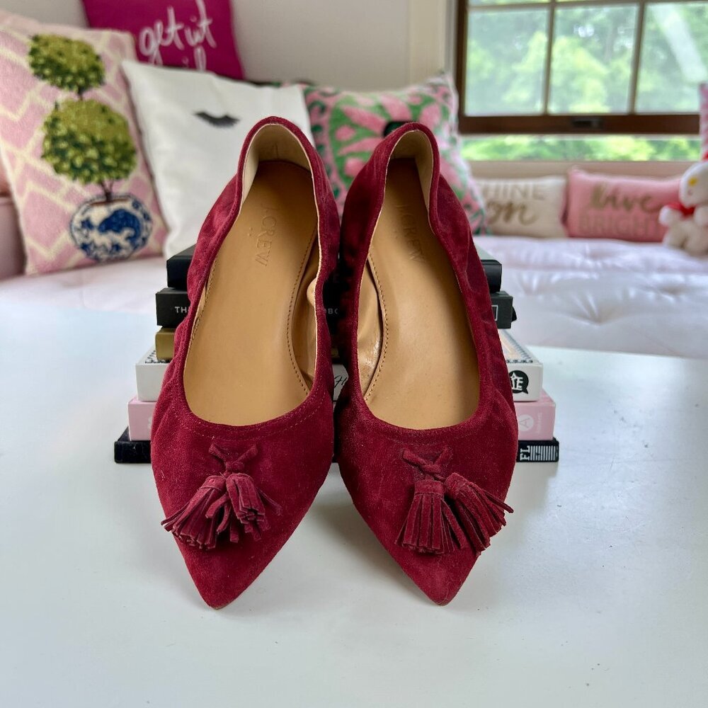 J. Crew Burgundy Suede w/ Tassel, Pointed Toe Flats, 7.5, NWOT